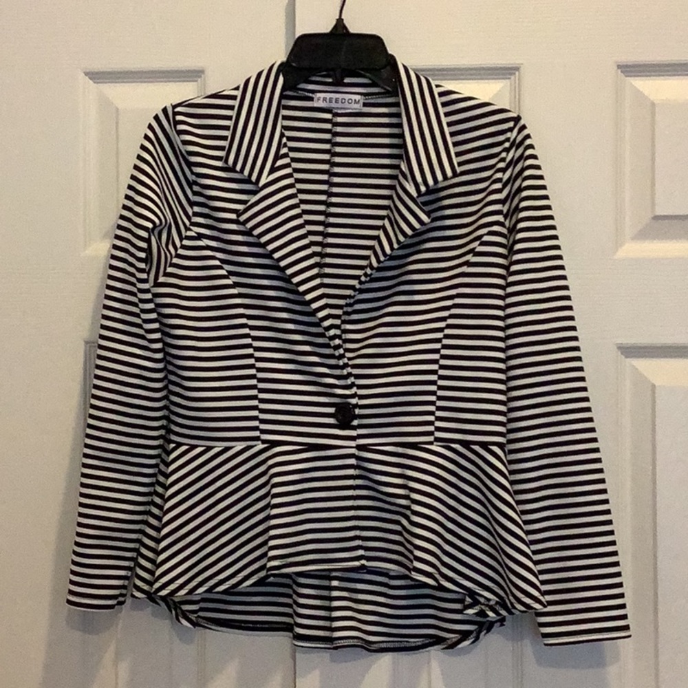Peplum black and white striped blazer